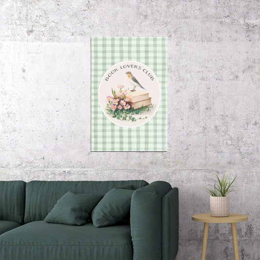 Book Lovers Club Bookish Poster Botanical Wall Art Bookish Decor Green Gingham Floral Wall Art Vintage Library Decor - xonomax