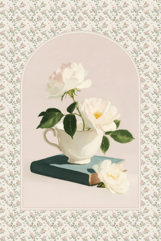White Rose Floral Wall Art Bookish Poster Botanical Wall Art Bookish Decor with Tea Cup and Blue Book Vintage Cottagecore Aesthetic - xonomax