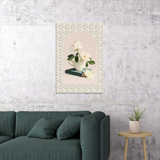 White Rose Floral Wall Art Bookish Poster Botanical Wall Art Bookish Decor with Tea Cup and Blue Book Vintage Cottagecore Aesthetic - xonomax
