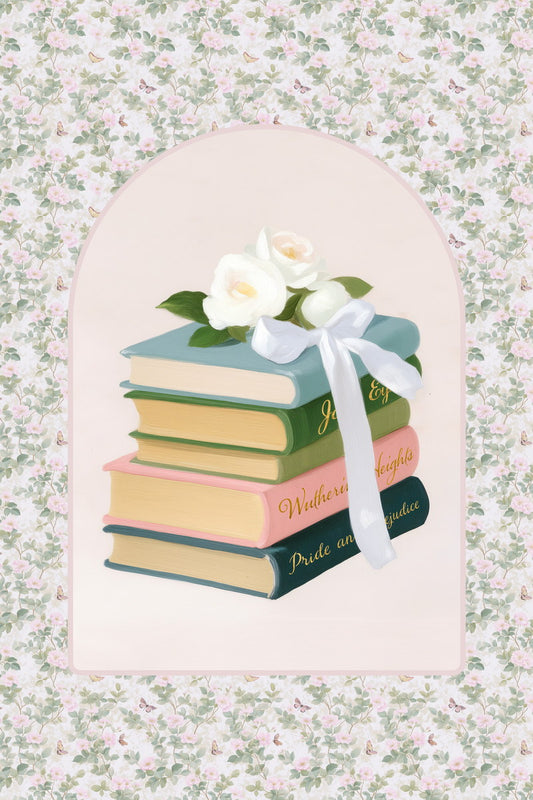 Stack of Classic Books with White Roses and Ribbon Bookish Poster Botanical Wall Art Bookish Decor Floral Wall Art Vintage Gift for Readers - xonomax