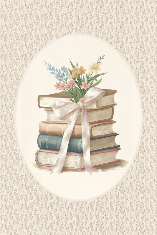 Vintage Book Stack with Wildflowers and Ribbon Bookish Poster Botanical Wall Art Bookish Decor Floral Wall Art Reading Nook Gift - xonomax