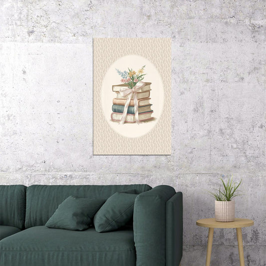 Vintage Book Stack with Wildflowers and Ribbon Bookish Poster Botanical Wall Art Bookish Decor Floral Wall Art Reading Nook Gift - xonomax