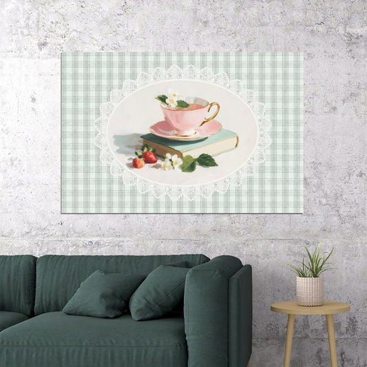Pink Teacup with Strawberries on Gingham Bookish Poster Botanical Wall Art Bookish Decor Green Wall Art Cottagecore Kitchen Print - xonomax