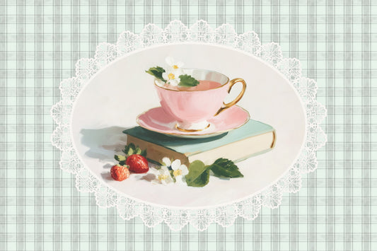 Pink Teacup with Strawberries on Gingham Bookish Poster Botanical Wall Art Bookish Decor Green Wall Art Cottagecore Kitchen Print - xonomax