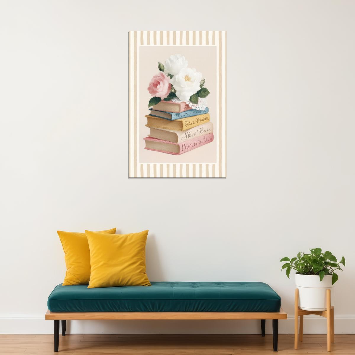 Romance Tropes Book Stack with Roses Bookish Poster Botanical Wall Art Bookish Decor Floral Wall Art Romantic Reader Gift - xonomax