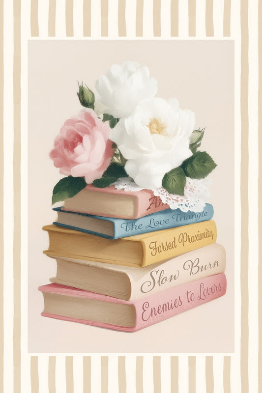 Romance Tropes Book Stack with Roses Bookish Poster Botanical Wall Art Bookish Decor Floral Wall Art Romantic Reader Gift - xonomax