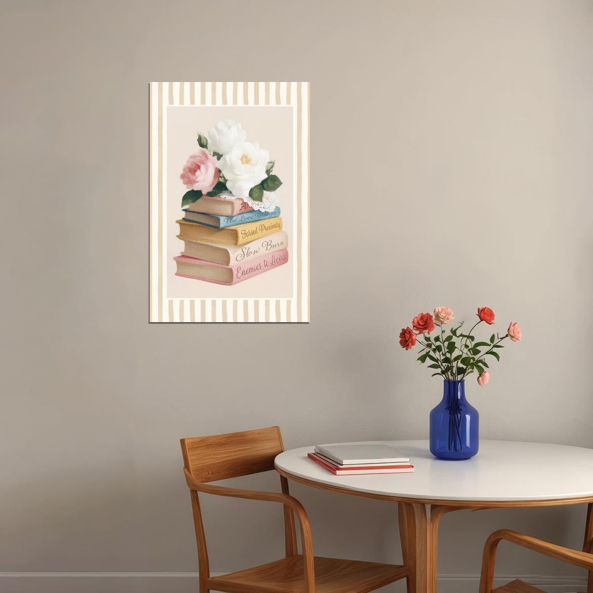 Romance Tropes Book Stack with Roses Bookish Poster Botanical Wall Art Bookish Decor Floral Wall Art Romantic Reader Gift - xonomax