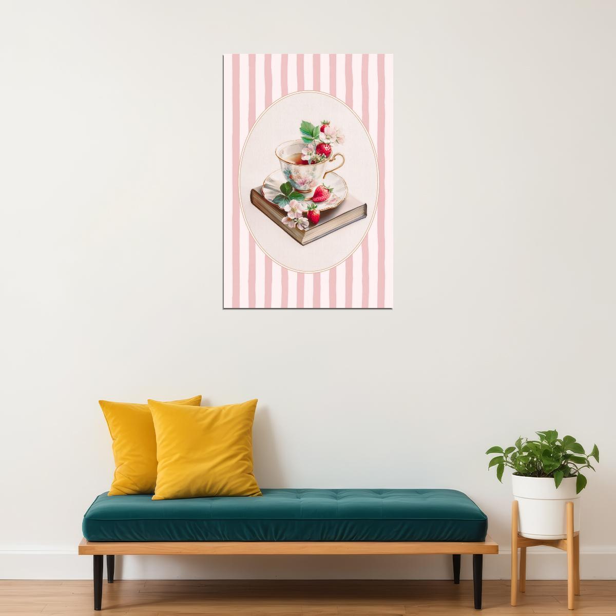 Book with Strawberries and Tea Cup Bookish Poster Botanical Wall Art Bookish Decor Pink Floral Wall Art for Kitchen and Book Lovers - xonomax