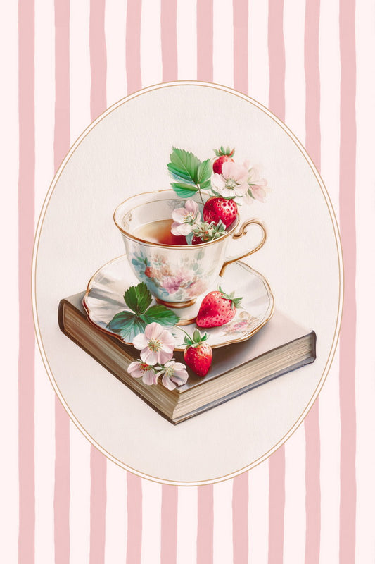 Book with Strawberries and Tea Cup Bookish Poster Botanical Wall Art Bookish Decor Pink Floral Wall Art for Kitchen and Book Lovers - xonomax