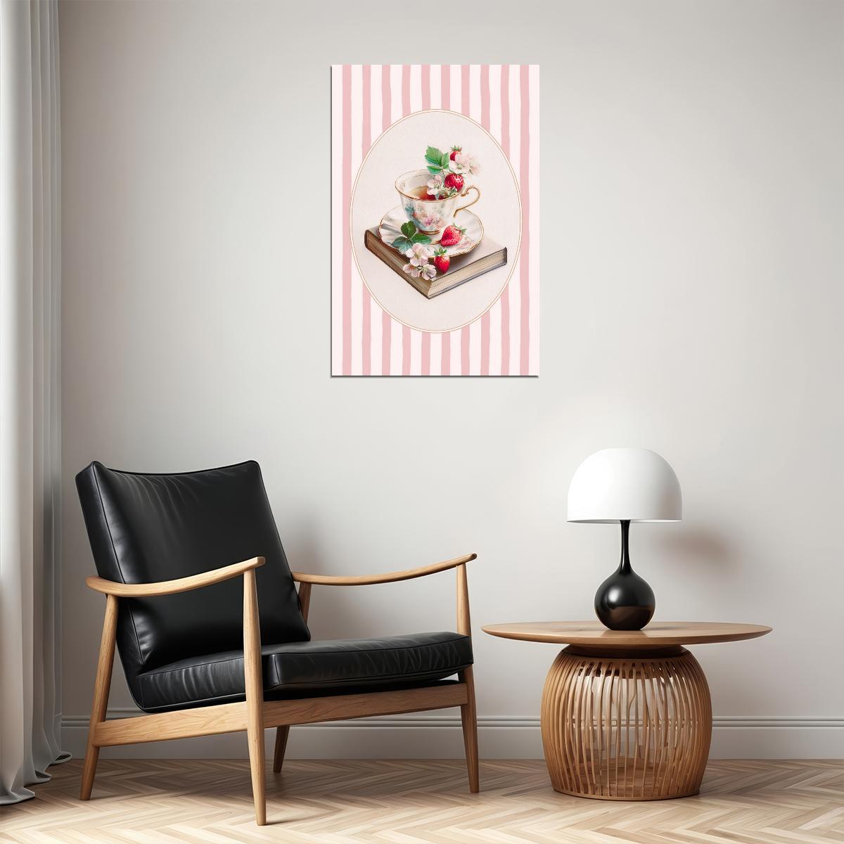Book with Strawberries and Tea Cup Bookish Poster Botanical Wall Art Bookish Decor Pink Floral Wall Art for Kitchen and Book Lovers - xonomax