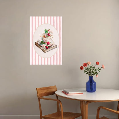 Book with Strawberries and Tea Cup Bookish Poster Botanical Wall Art Bookish Decor Pink Floral Wall Art for Kitchen and Book Lovers - xonomax