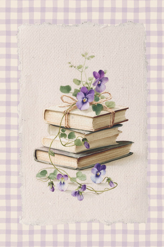 Vintage Book Stack with Violets on Gingham Bookish Poster Botanical Wall Art Bookish Decor Floral Wall Art for Reading Nook Decor - xonomax