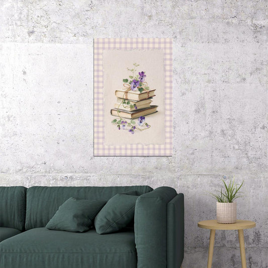 Vintage Book Stack with Violets on Gingham Bookish Poster Botanical Wall Art Bookish Decor Floral Wall Art for Reading Nook Decor - xonomax