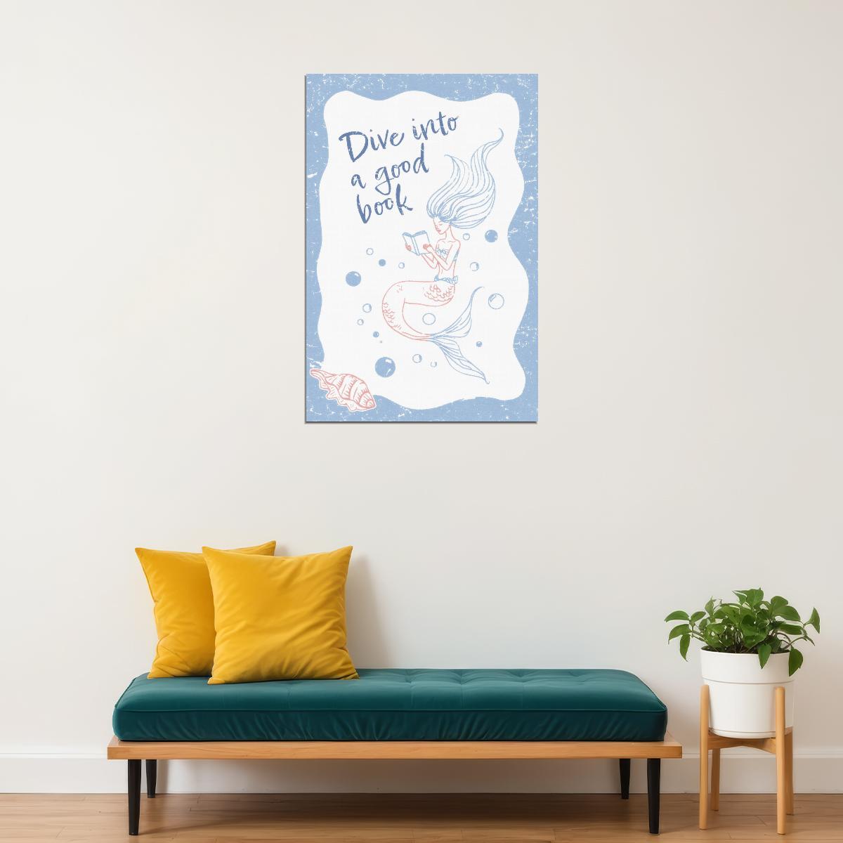 Dive into a Good Book Mermaid Bookish Poster Coastal Granddaughter Room Decor Coastal Wall Art Nautical Aesthetic - xonomax