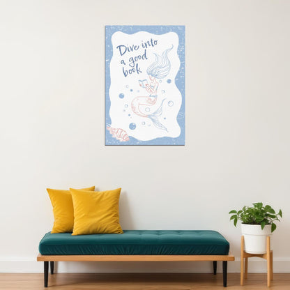 Dive into a Good Book Mermaid Bookish Poster Coastal Granddaughter Room Decor Coastal Wall Art Nautical Aesthetic - xonomax