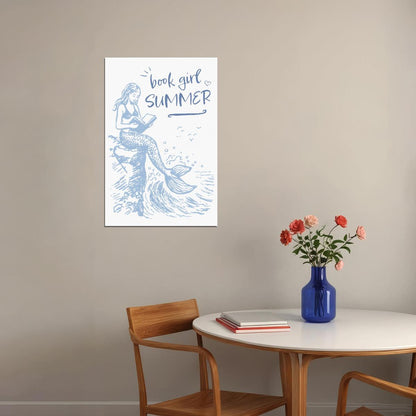 Book Girl Summer Mermaid Print Bookish Poster Coastal Granddaughter Room Decor Coastal Wall Art for Reading Nook - xonomax