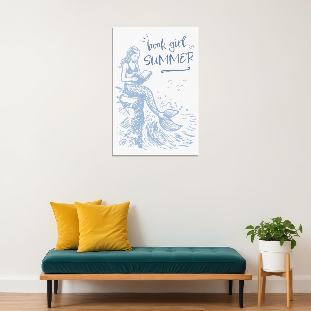 Book Girl Summer Mermaid Print Bookish Poster Coastal Granddaughter Room Decor Coastal Wall Art for Reading Nook - xonomax