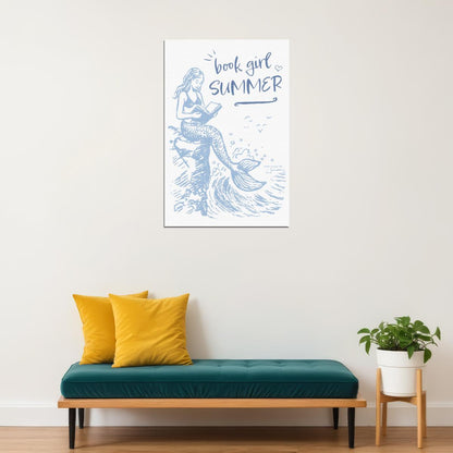 Book Girl Summer Mermaid Print Bookish Poster Coastal Granddaughter Room Decor Coastal Wall Art for Reading Nook - xonomax