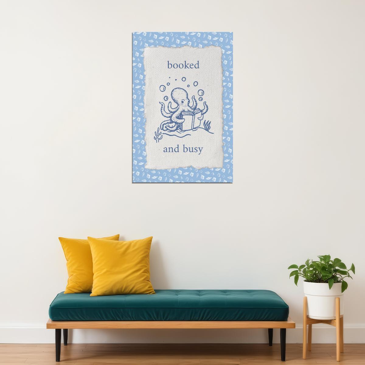 Booked and Busy Bookish Poster Nautical Octopus Wall Art Coastal Granddaughter Room Decor for Reading Nook - xonomax