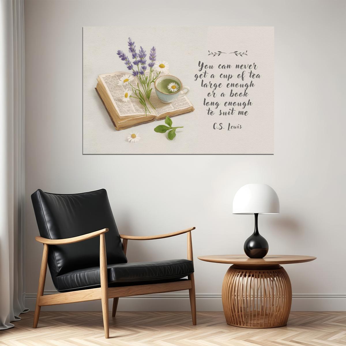 Floral Bookish Poster Botanical Wall Art with CS Lewis Quote Tea Book Print Bookish Decor Reading Nook Gift Library Decor for Book Lovers - xonomax
