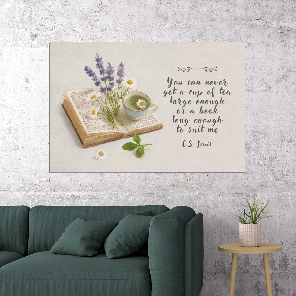 Floral Bookish Poster Botanical Wall Art with CS Lewis Quote Tea Book Print Bookish Decor Reading Nook Gift Library Decor for Book Lovers - xonomax