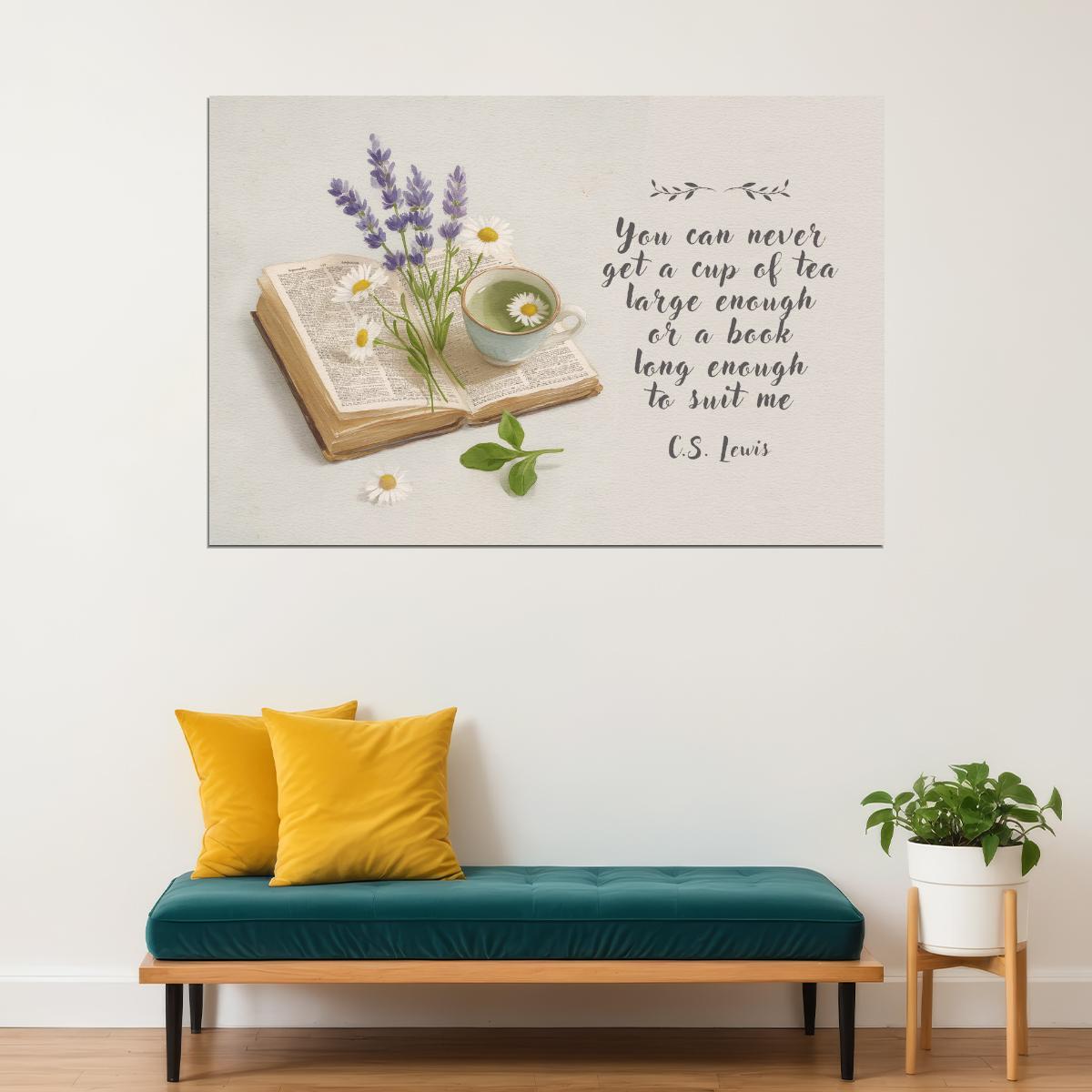 Floral Bookish Poster Botanical Wall Art with CS Lewis Quote Tea Book Print Bookish Decor Reading Nook Gift Library Decor for Book Lovers - xonomax