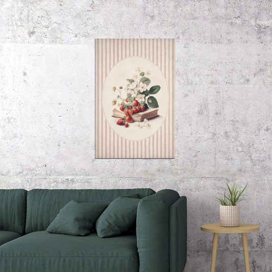 Floral Bookish Poster Botanical Wall Art Vintage Bookish Decor with Strawberries for Reading Nook or Kitchen Gift for Book Lovers