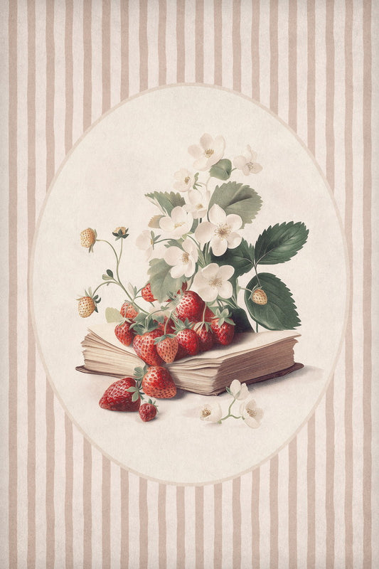 Floral Bookish Poster Botanical Wall Art Vintage Bookish Decor with Strawberries for Reading Nook or Kitchen Gift for Book Lovers