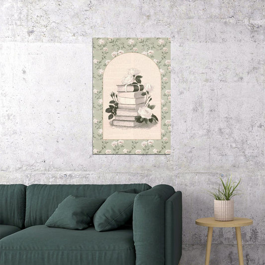Floral Bookish Poster Botanical Wall Art with Vintage Book Stack and Roses Bookish Decor for Library or Reading Nook Romantic Gift for Readers
