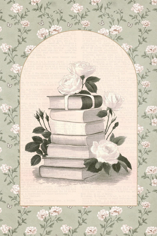Floral Bookish Poster Botanical Wall Art with Vintage Book Stack and Roses Bookish Decor for Library or Reading Nook Romantic Gift for Readers