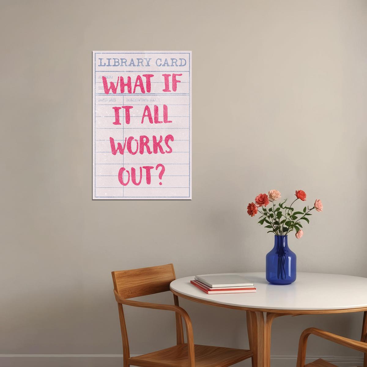 Bookish Motivational Poster Pink Library Card Aesthetic What If It All Works Out Wall Art Positive Affirmations Wall Decor for Reading Nook - xonomax