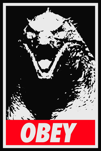 Red Obey Black and White Godzilla Art Movie Poster