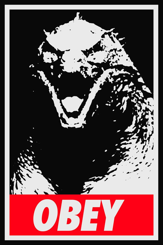 Red Obey Black and White Godzilla Art Movie Poster