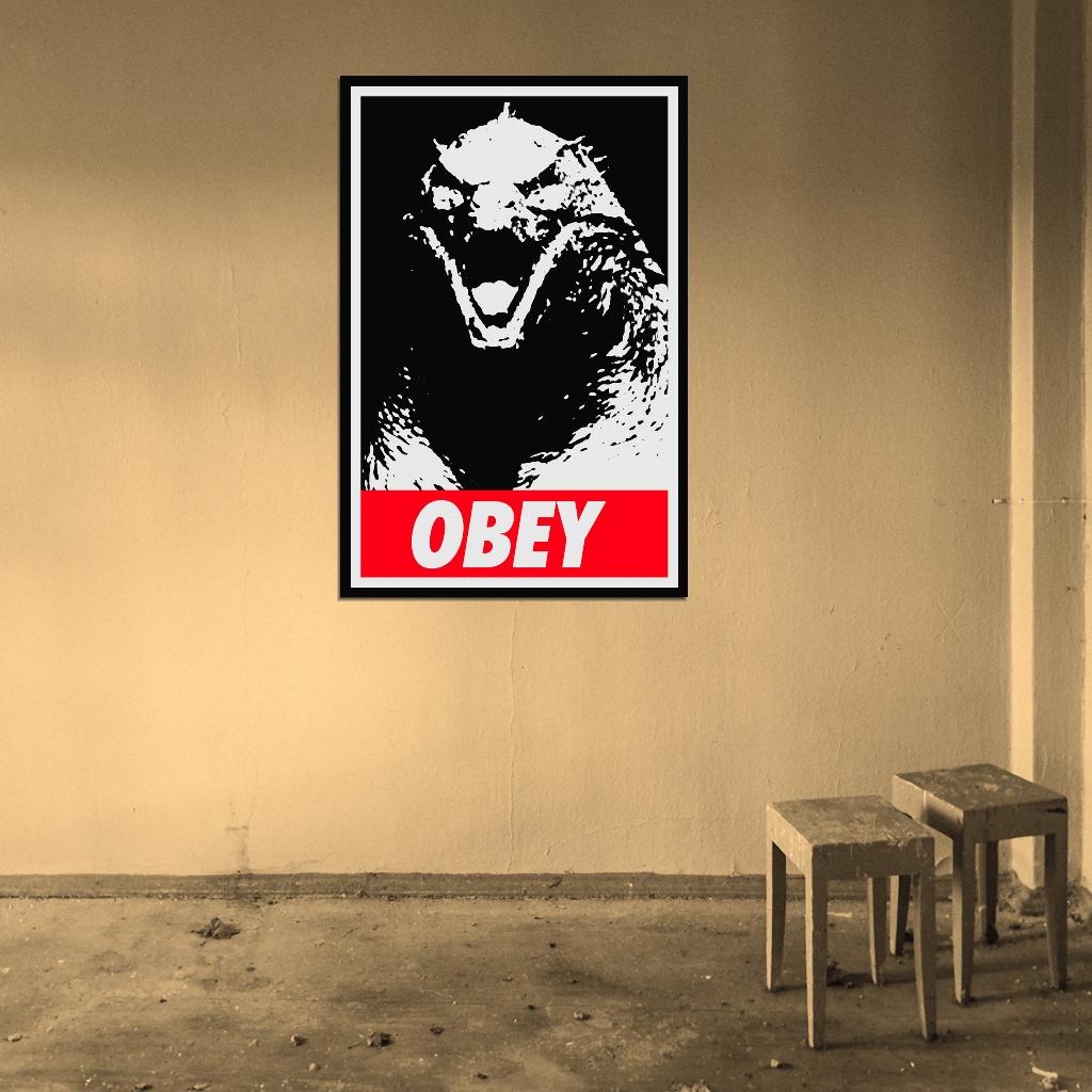 Red Obey Black and White Godzilla Art Movie Poster