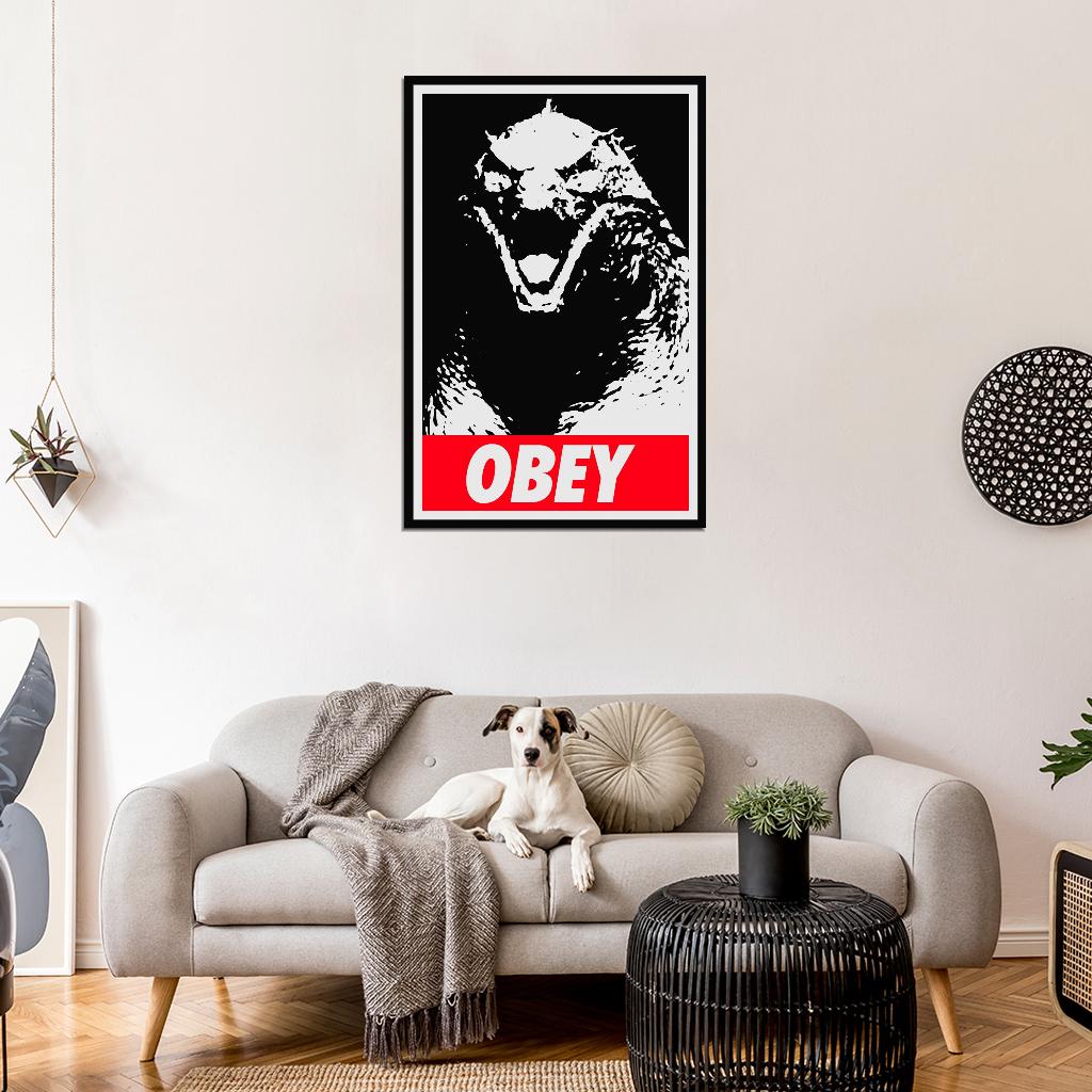 Red Obey Black and White Godzilla Art Movie Poster