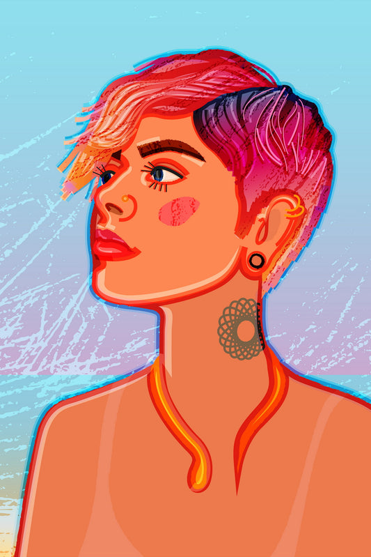 Tanned Girl With Bright Short Haircut With Piercings Tattoos Against Background Of Blue Sky Poster - xonomax