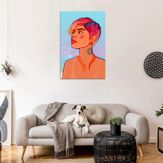 Tanned Girl With Bright Short Haircut With Piercings Tattoos Against Background Of Blue Sky Poster - xonomax