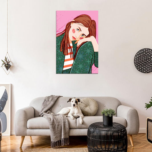 Cute Thoughtful Girl Poster Green Pajamas On A Pink Background Poster - xonomax