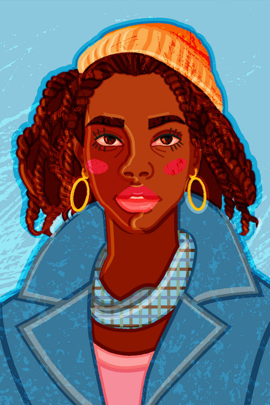 Beautiful Girl Poster With Pigtails In A Bright Yellow Knitted Hat And A Blue Coat With A Large Collar - xonomax