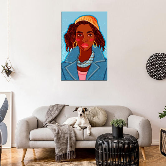 Beautiful Girl Poster With Pigtails In A Bright Yellow Knitted Hat And A Blue Coat With A Large Collar - xonomax