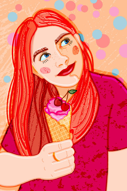 Cute Red-haired Girl Poster In A Bright Pink T-shirt With Cherry Ice Cream In A Waffle Cone On A Background Of Colorful Confetti