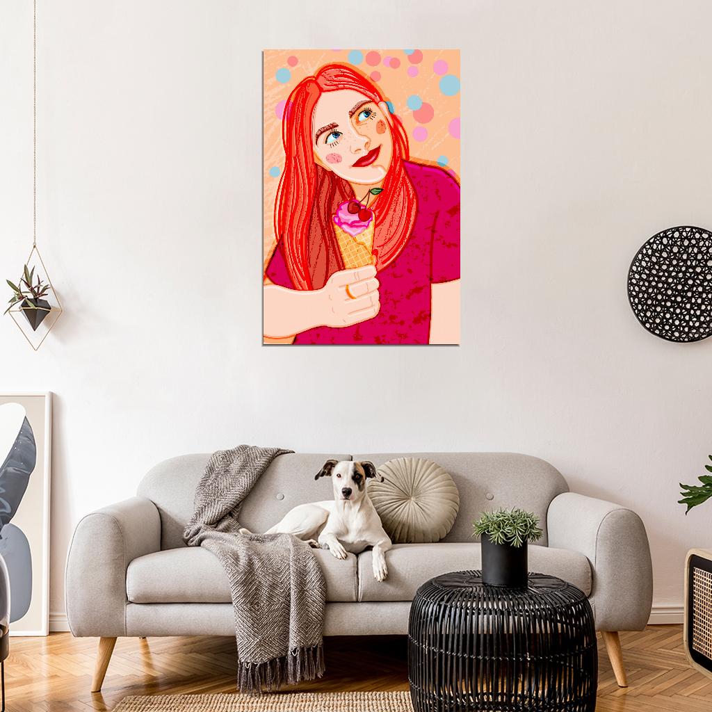 Cute Red-haired Girl Poster In A Bright Pink T-shirt With Cherry Ice Cream In A Waffle Cone On A Background Of Colorful Confetti