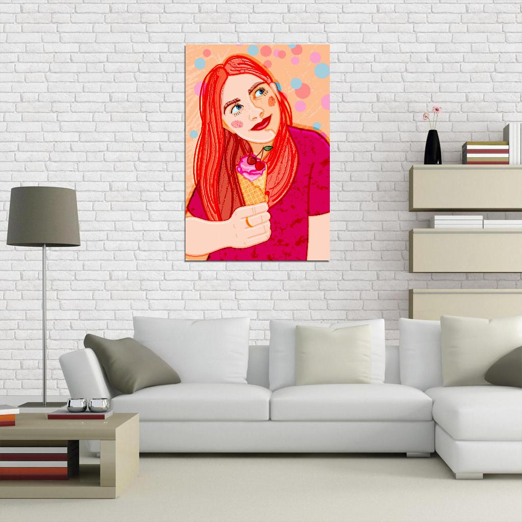 Cute Red-haired Girl Poster In A Bright Pink T-shirt With Cherry Ice Cream In A Waffle Cone On A Background Of Colorful Confetti