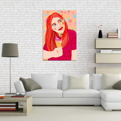 Cute Red-haired Girl Poster In A Bright Pink T-shirt With Cherry Ice Cream In A Waffle Cone On A Background Of Colorful Confetti