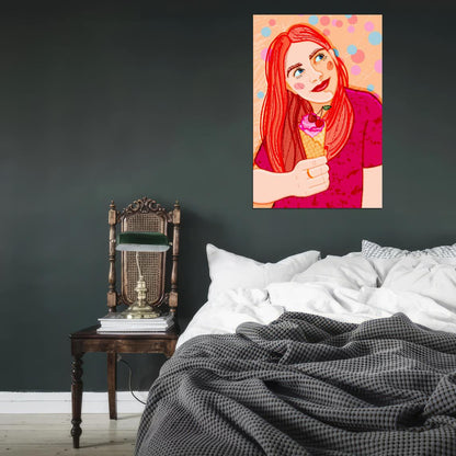 Cute Red-haired Girl Poster In A Bright Pink T-shirt With Cherry Ice Cream In A Waffle Cone On A Background Of Colorful Confetti
