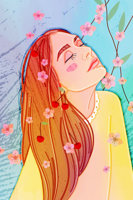 Gentle Girl Poster With Long Hair And Closed Eyes Against The Background Of Falling Sakura Flowers - xonomax