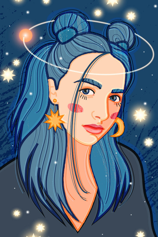 Sad Girl Poster With Blue Hair With A Planet Flying In Orbit Above Her Head Against The Background Of The Starry Sky