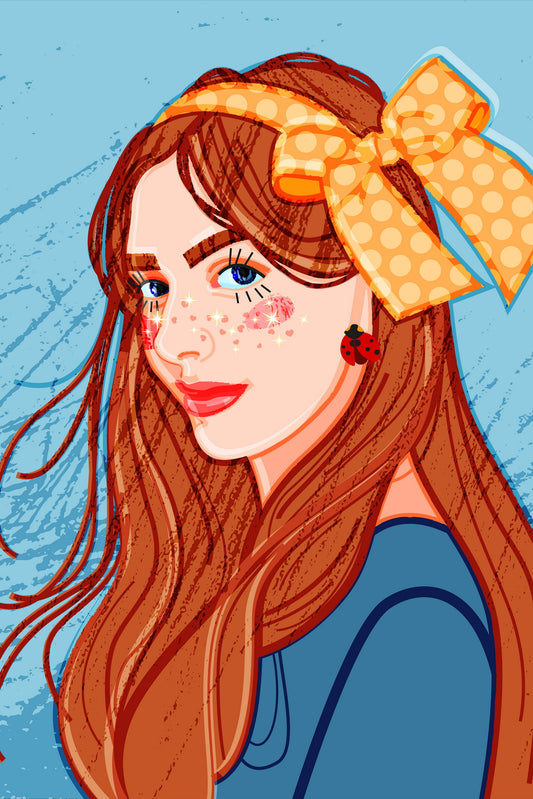 Red-haired Girl Poster With Long Curls Decorated With A Large Yellow Bow With Polka Dots And Shining Freckles In The Shape Of Hearts - xonomax