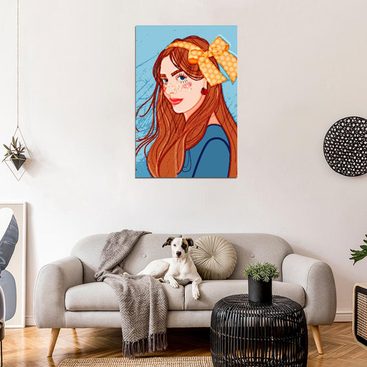 Red-haired Girl Poster With Long Curls Decorated With A Large Yellow Bow With Polka Dots And Shining Freckles In The Shape Of Hearts - xonomax