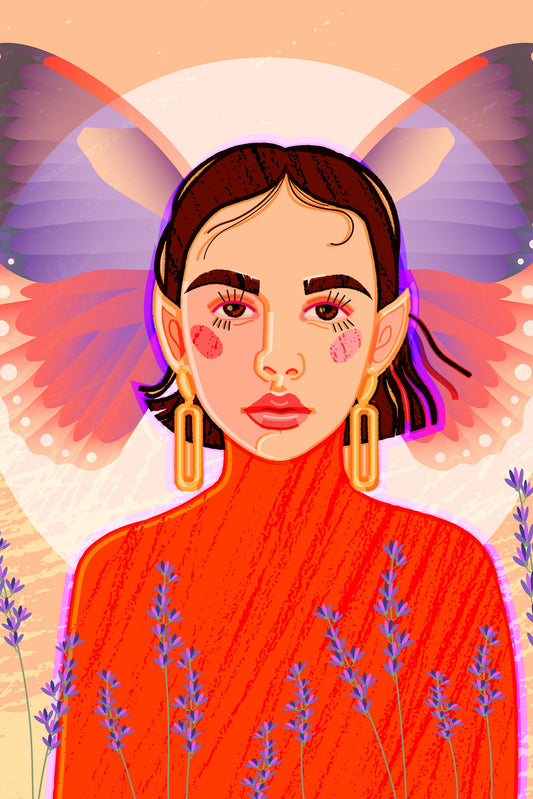 Girl With Dark Hair In The Form Of A Magical Fairy With Pointy Ears And A Bright Orange Dress - xonomax